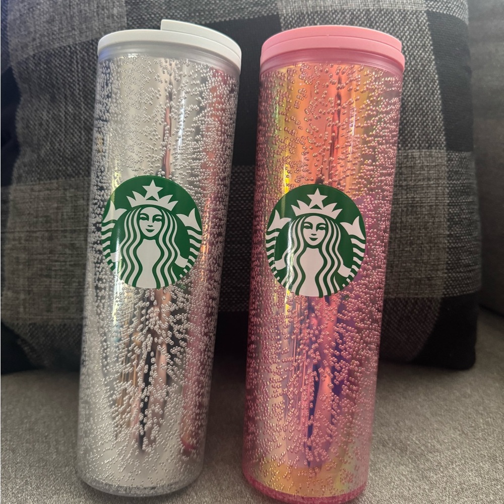 Starbucks Glittery Silver and Pink Tumblers